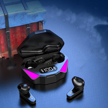 Wireless earbuds with charging case on a blue textured surface
