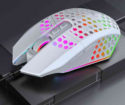 Gaming mouse with colorful honeycomb design on a dark surface