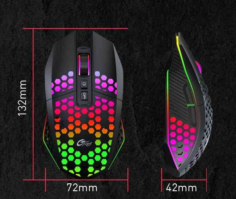 Gaming mouse with RGB lighting and measurements on a black background