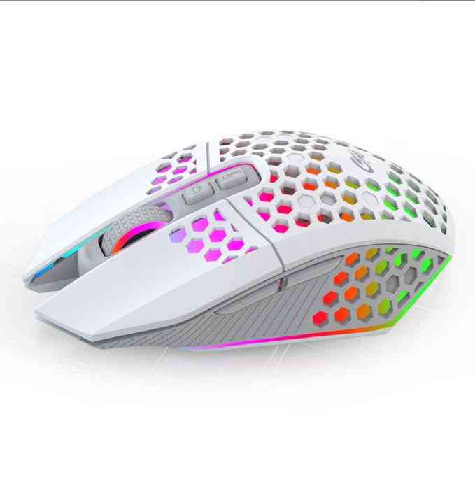 White gaming mouse with colorful LED lighting on a white background