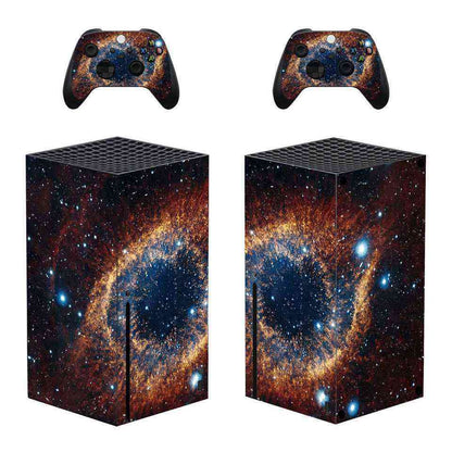 Xbox ONE S Skin Gaming console and controllers with space-themed design on a white background