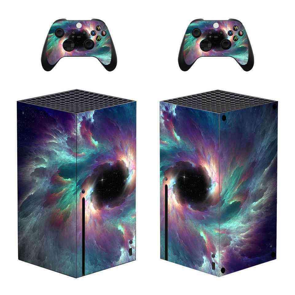 Xbox ONE S Skin Gaming console and controllers with nebula design on a white background
