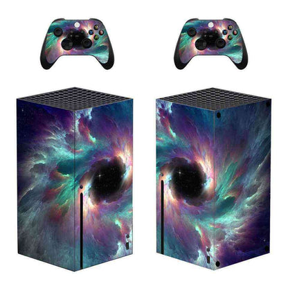 Xbox ONE S Skin Gaming console and controllers with nebula design on a white background