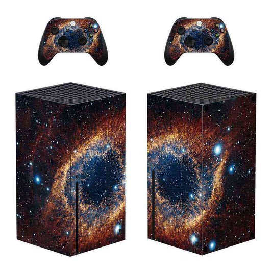 Xbox ONE S Skin Gaming console and controllers with a space-themed design on a white background