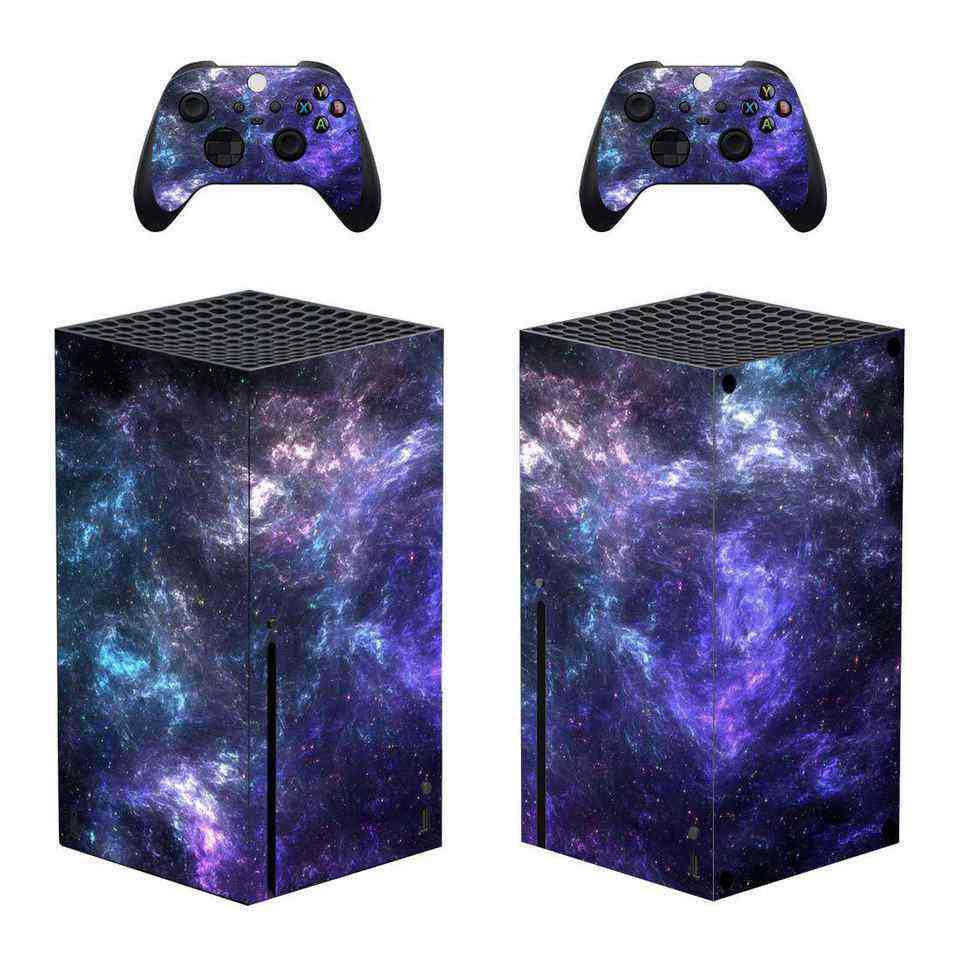 Xbox ONE S Skin Gaming console and controllers with galaxy-themed skin on a white background