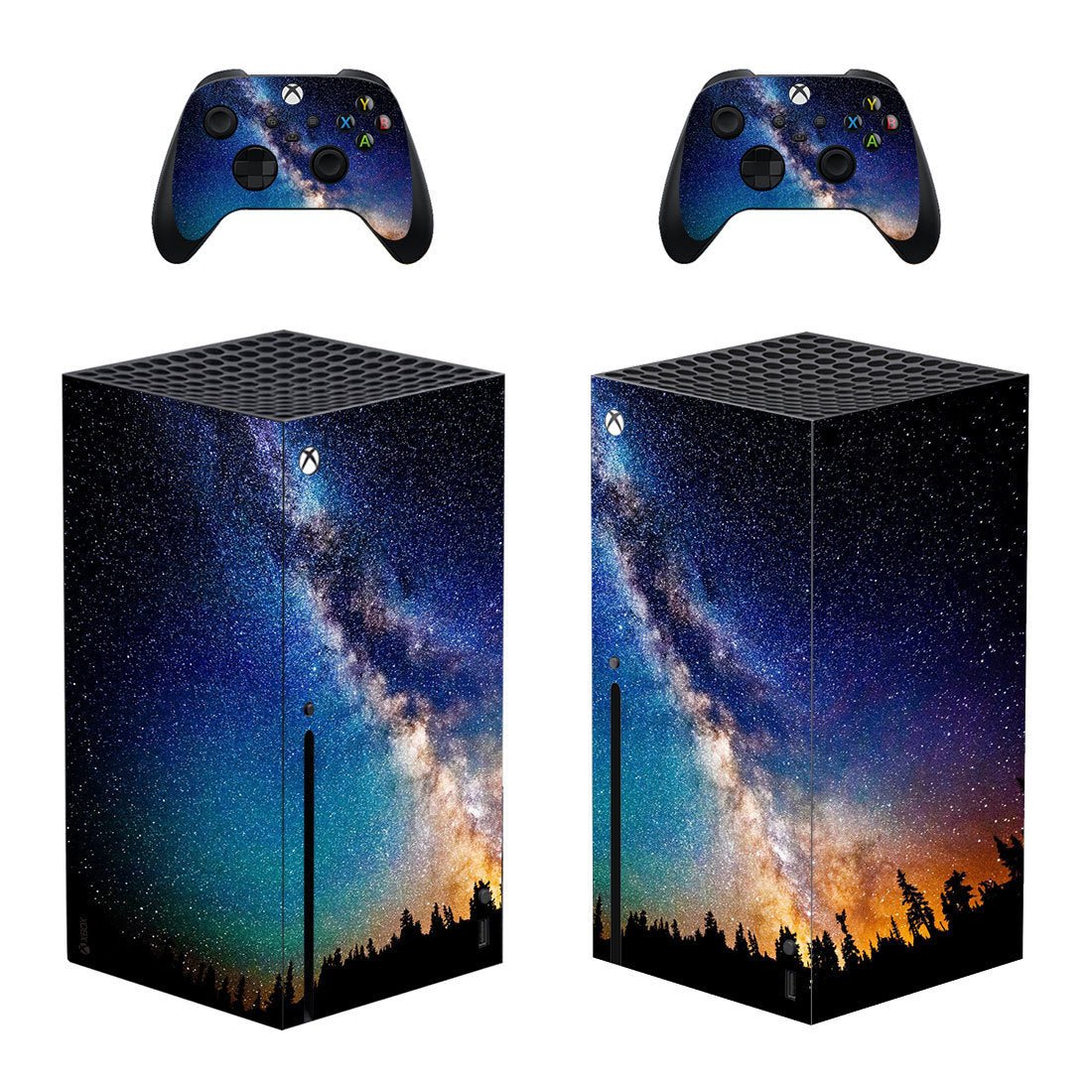 Gaming console and controllers with a starry sky design on a white background