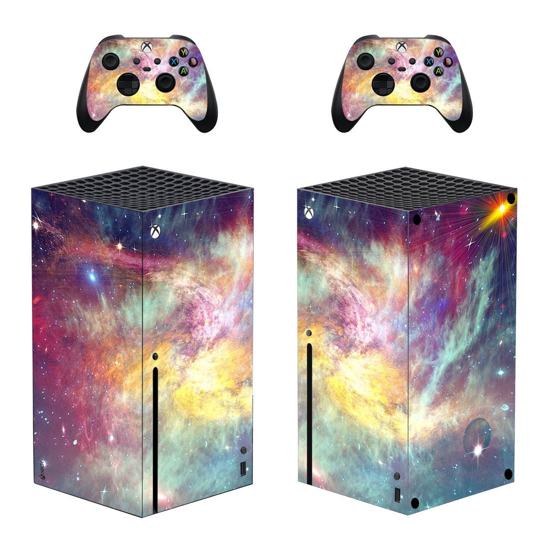 Gaming console and controllers with galaxy-themed skin on a white background