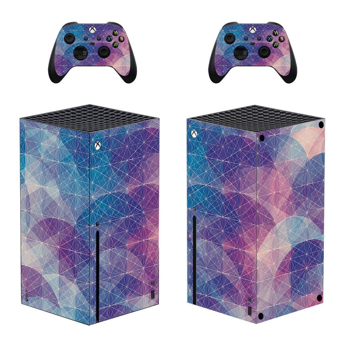 Gaming console and controllers with a geometric pattern on a white background