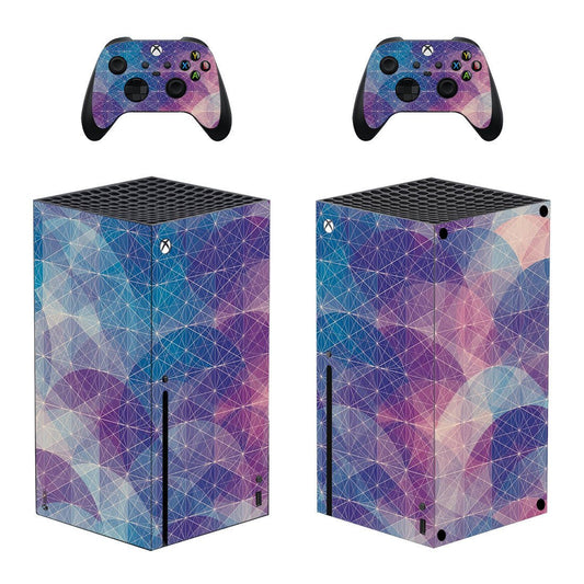 Gaming console and controllers with a geometric pattern on a white background