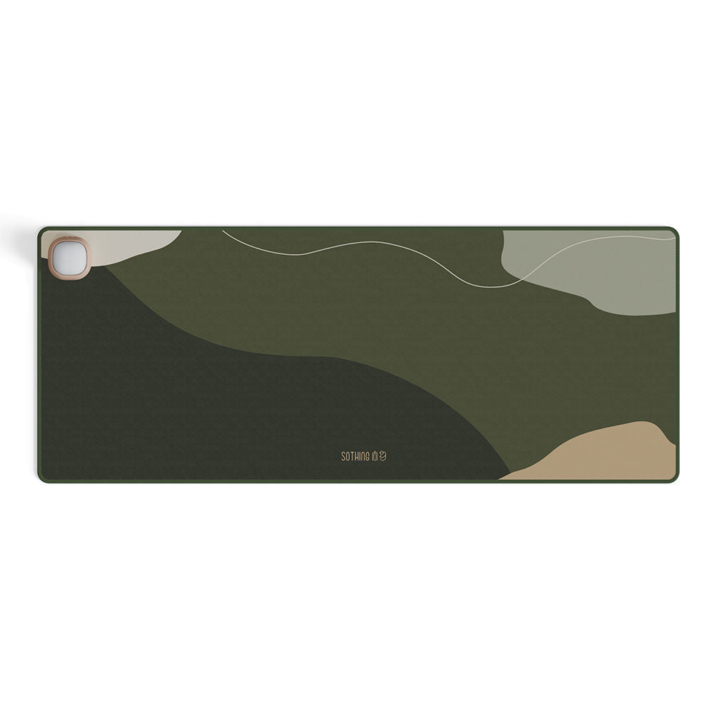 Camouflage-patterned desk mat with a brand logo on a white background
