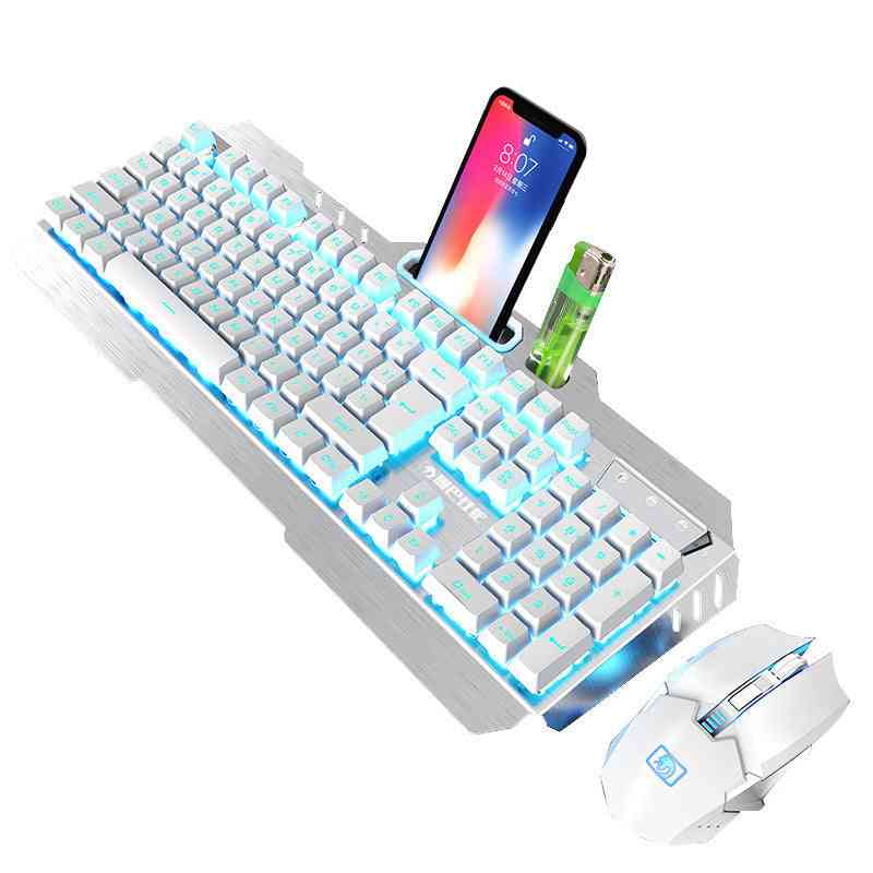 White mechanical keyboard with RGB lighting, smartphone, and mouse on a white background