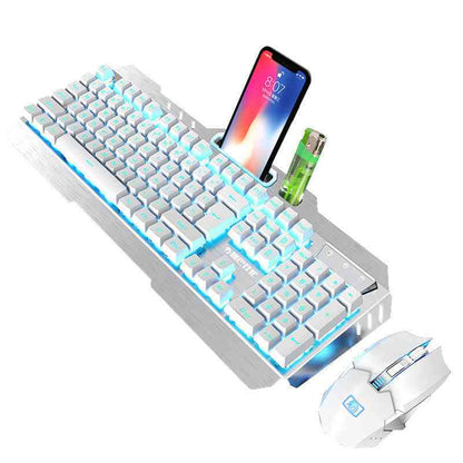 White mechanical keyboard with RGB lighting, smartphone, and mouse on a white background