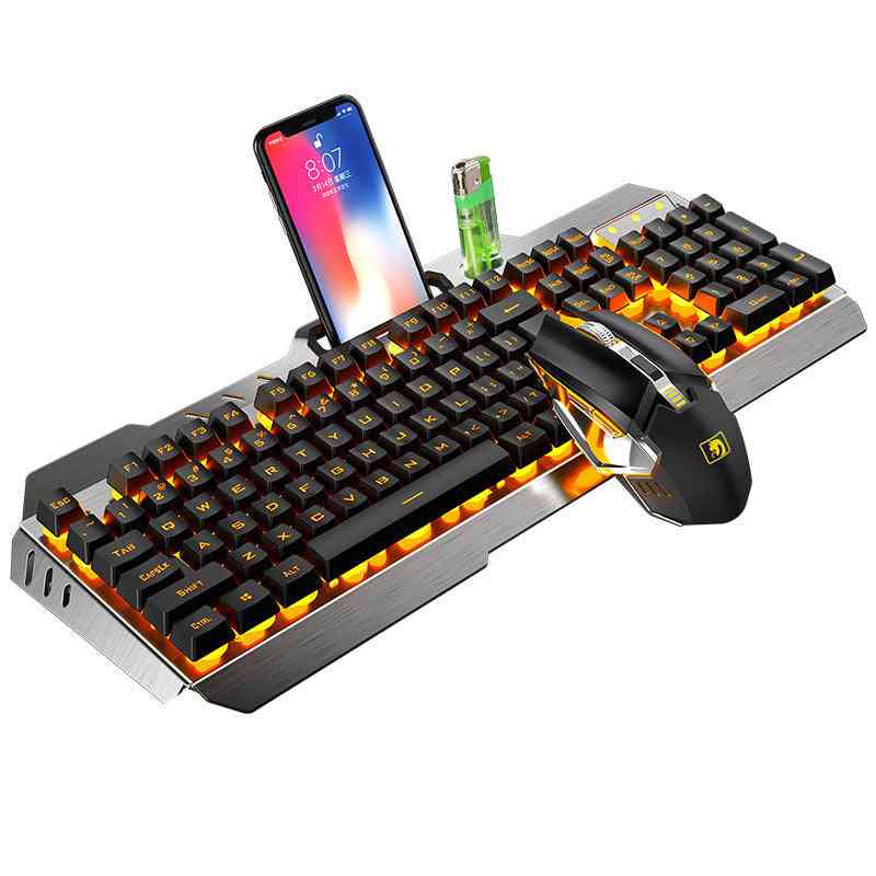 Gaming keyboard with RGB lighting, smartphone stand, and mouse on a white background