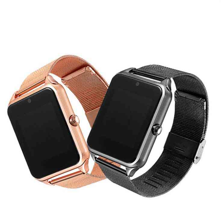 Two smartwatches with rose gold and black mesh bands on a white background