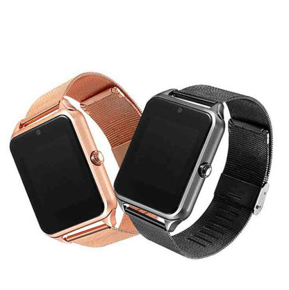 Two smartwatches with rose gold and black mesh bands on a white background