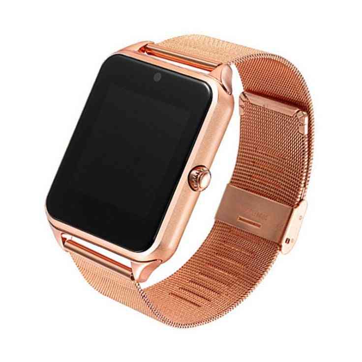 Rose gold smartwatch with a mesh band on a white background