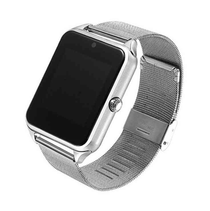 Silver smartwatch with mesh band on a white background