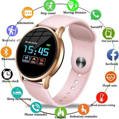 Smartwatch with pink band and various functions displayed on a white background