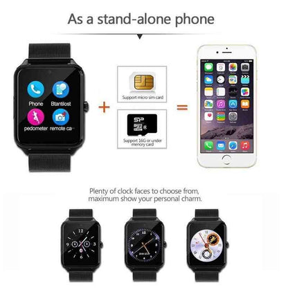 Smartwatch with phone functions and multiple clock faces displayed on a white background.
