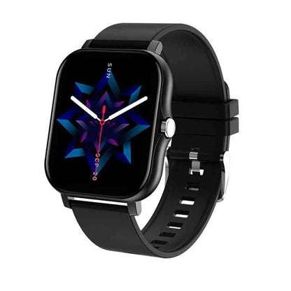 Black smartwatch with a colorful display on a white background