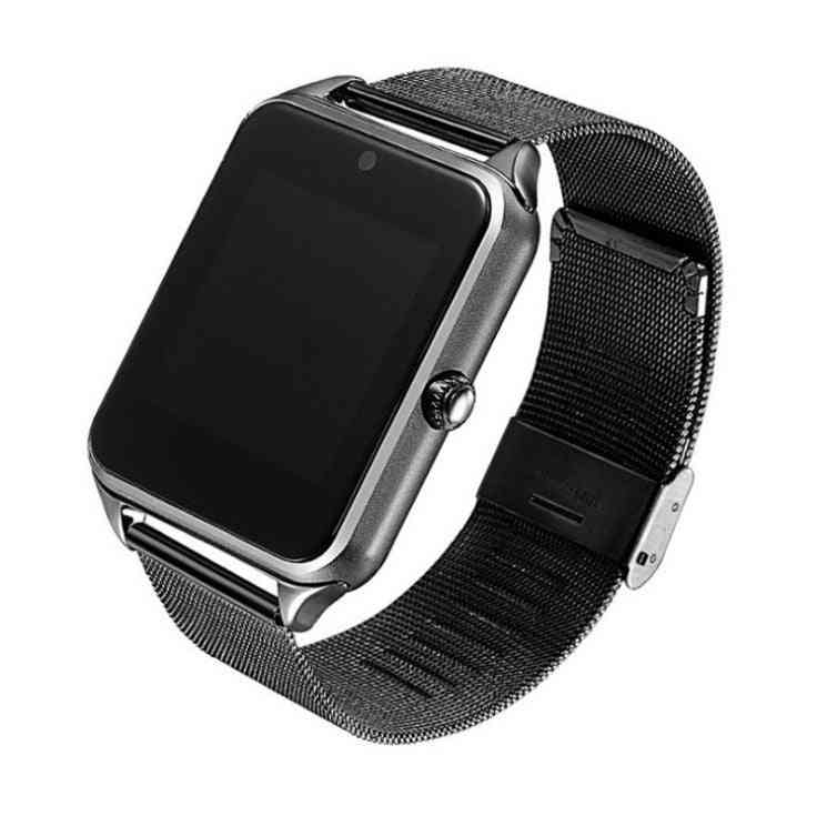 Black smartwatch with a mesh band on a white background